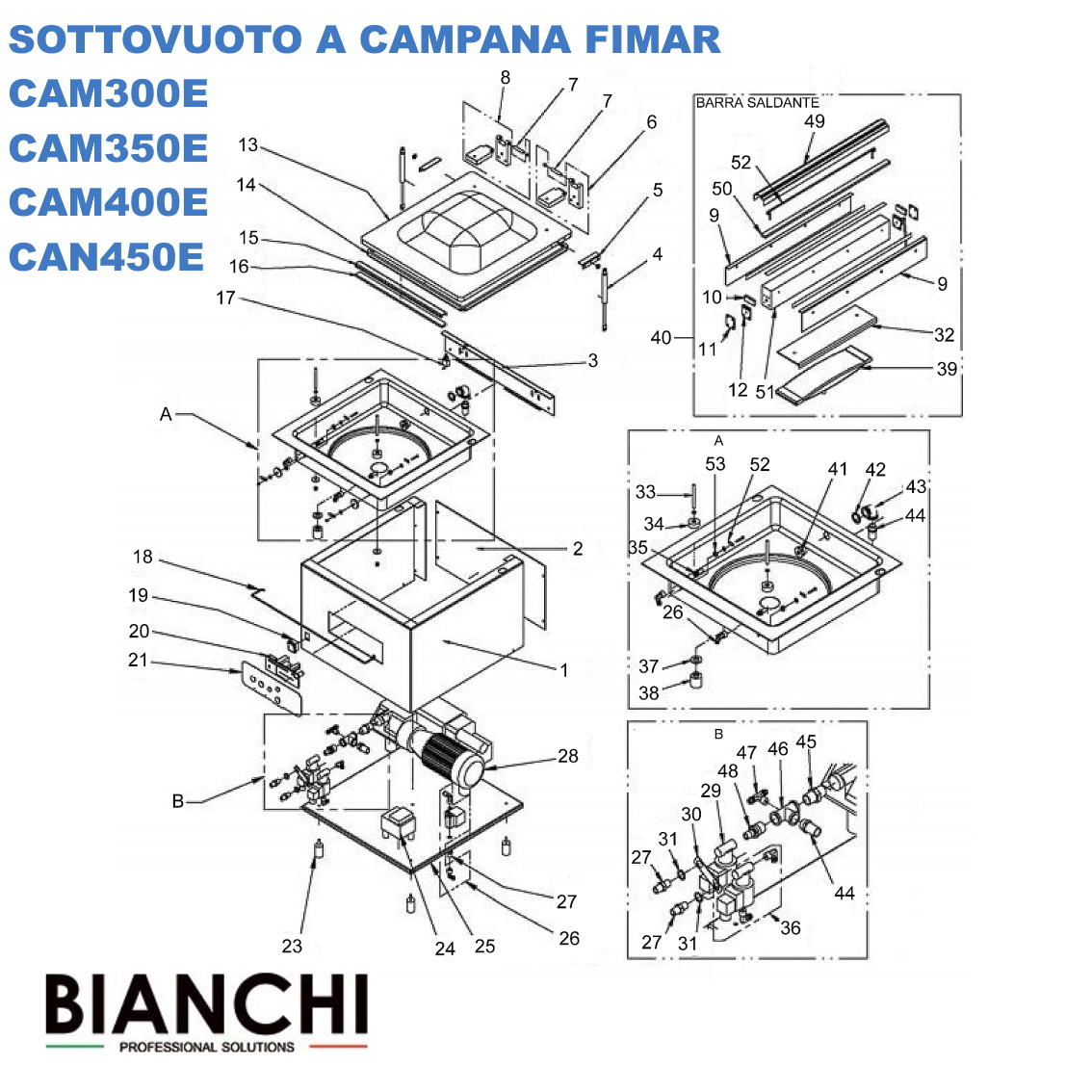 Esploso ricambi per termosigillatrice campana Fimar modelli CA300E - CAM350E - CAM400E - CAM450E